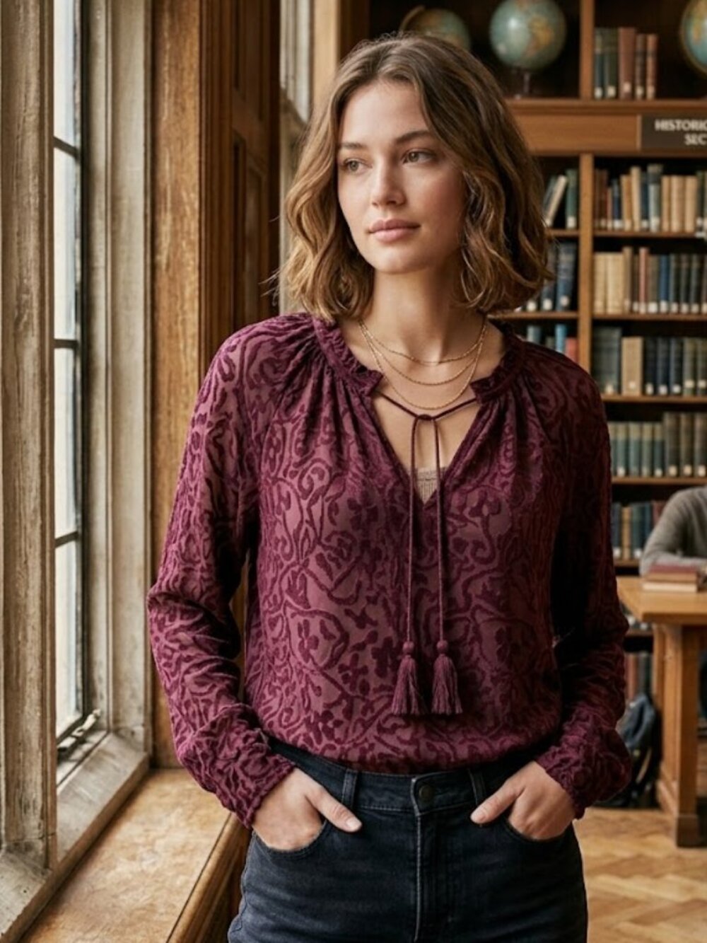 Lucky Brand Women Siz Large Sheer Burnout Tassel Paisley Purple Wine Long Sleeve